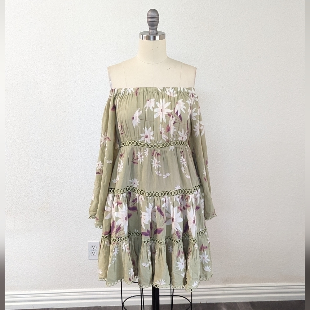 Jaase Floral Off Shoulder Bell Sleeve A Line Dress Green S bohemian boho chic